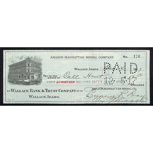 1917 Wallace, Idaho Amazon-Manhattan Mining Co. $17.50 Bank Check w/ Vignette