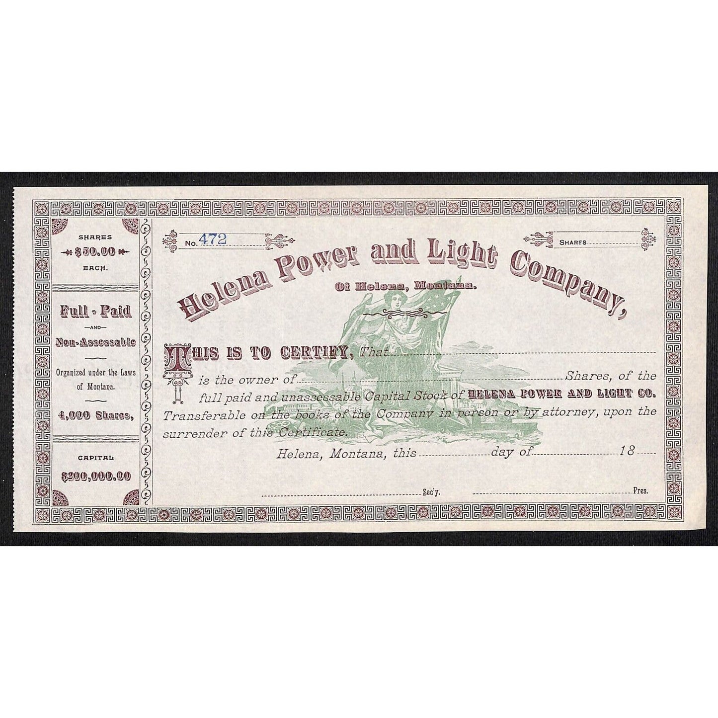 Helena Power and Light Co. Montana c1880's Unused Stock Certificate - VGC