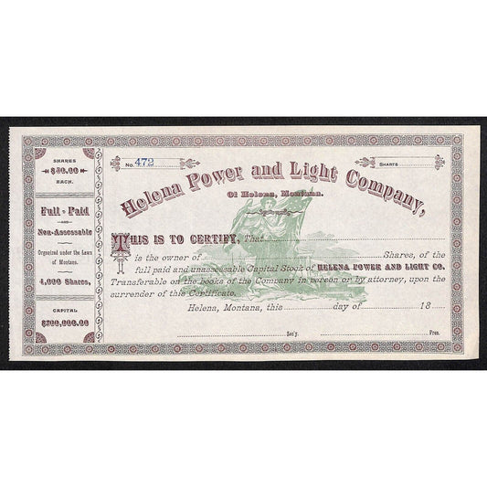 Helena Power and Light Co. Montana c1880's Unused Stock Certificate - VGC