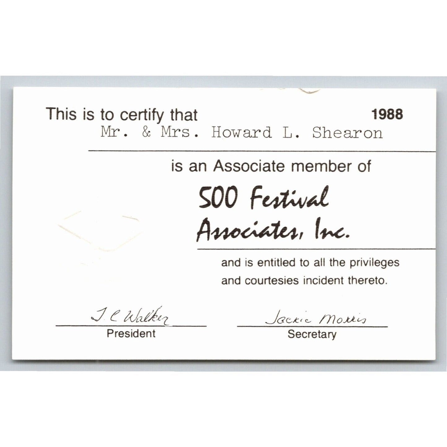 1988 Indy 500 "500 Festival Associates" ID Membership Card Indianapolis IMS