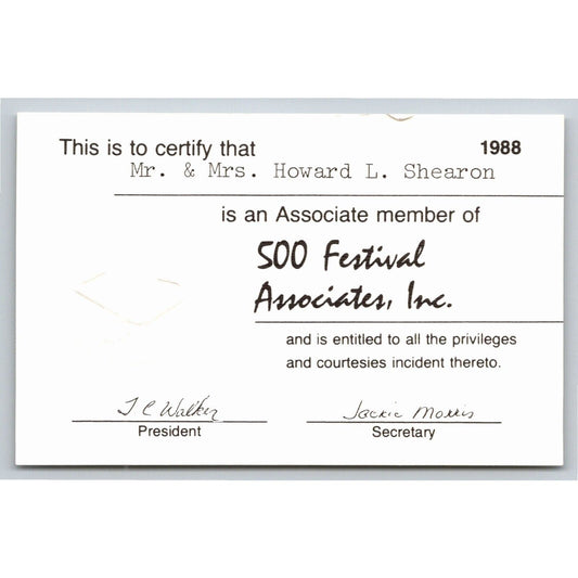 1988 Indy 500 "500 Festival Associates" ID Membership Card Indianapolis IMS