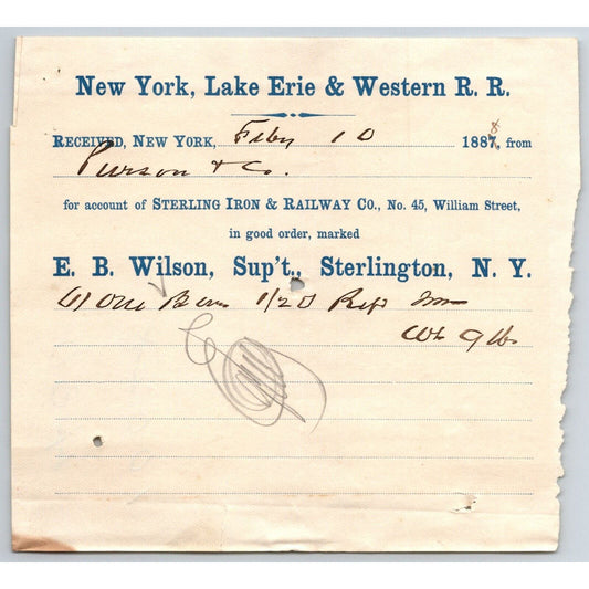 New York, Lake Erie & Western R.R. 1879 Railroad Freight Billhead Purson & Co.