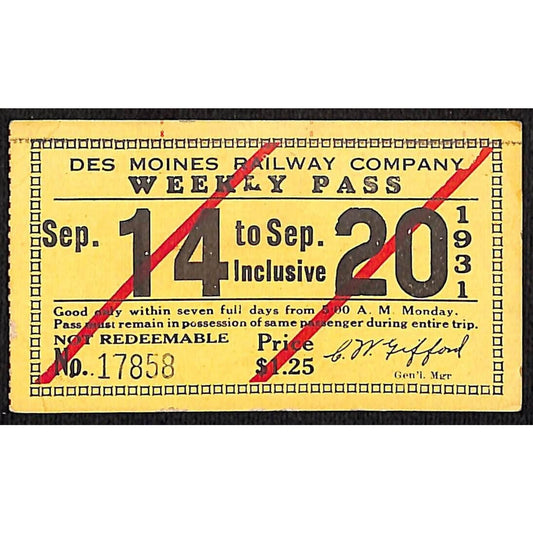 Des Moines Railway Company 1931 Sept. Weekly Pass Fare Ticket #17858