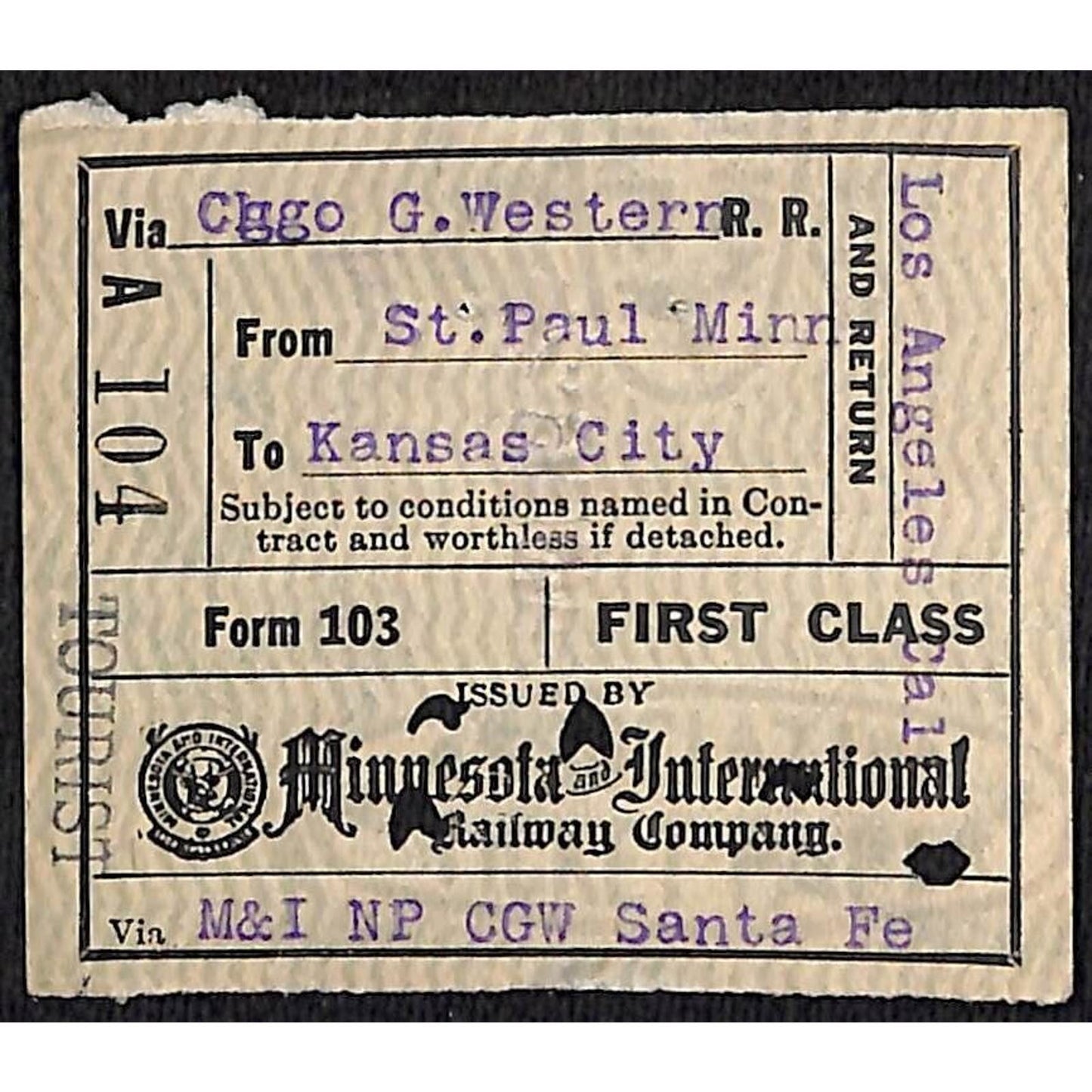 Minnesota and International Railway Ticket 1923 St. Paul Kansas City #104