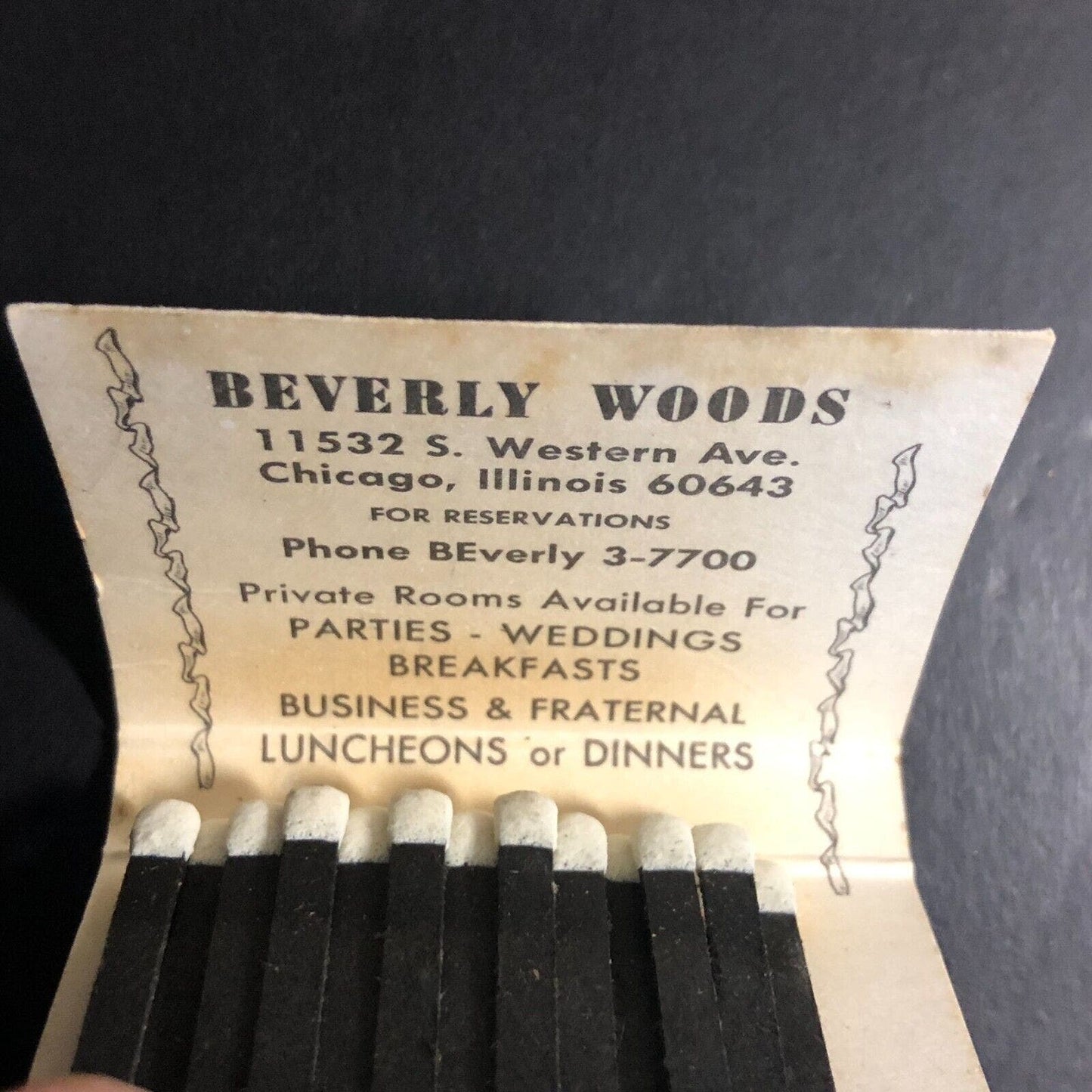 Beverly Woods Restaurant Chicago Mostly Full(-6) Matchbook c1955-60s Very Scarce