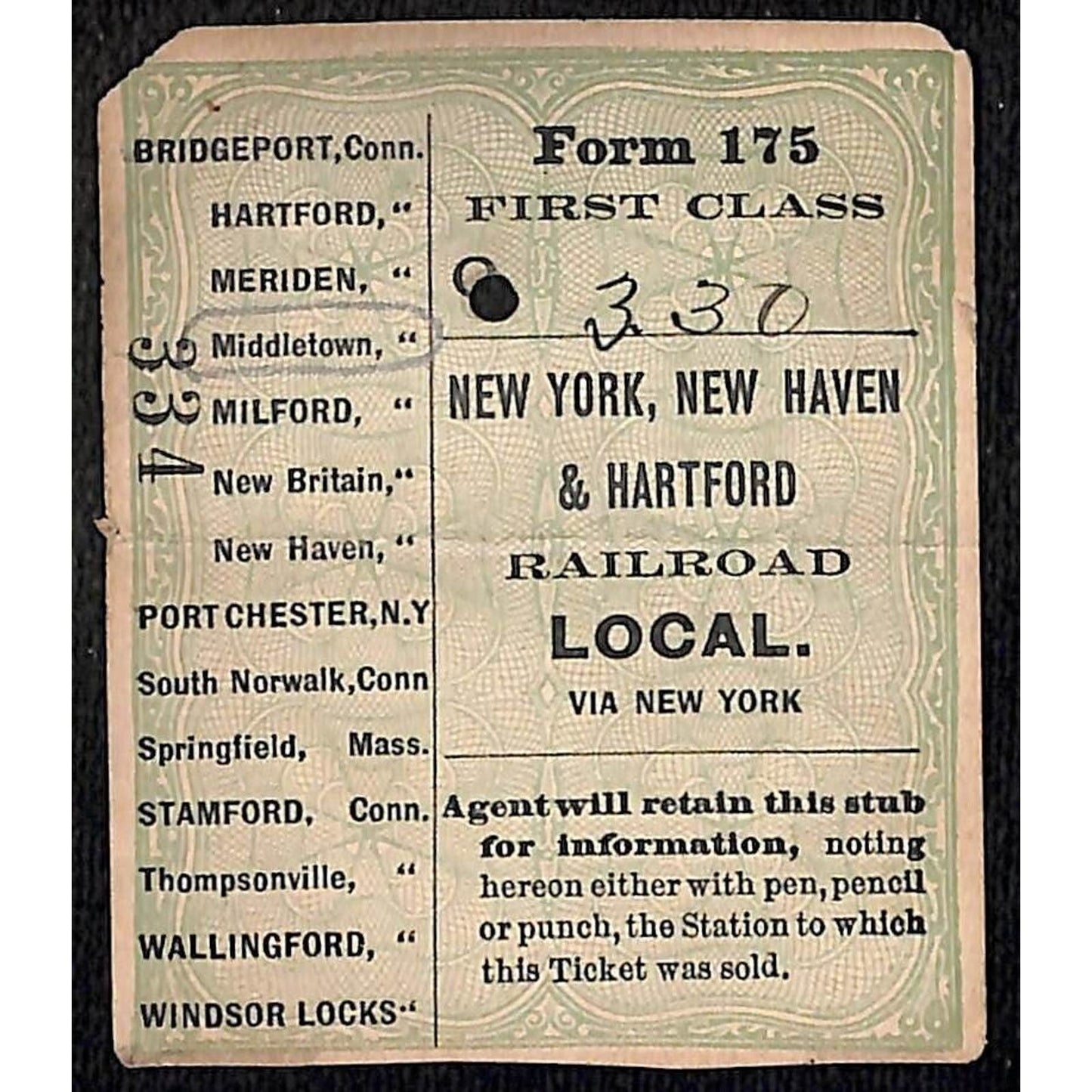 NYNH & HRR Railroad c1901 Ticket Stub #334