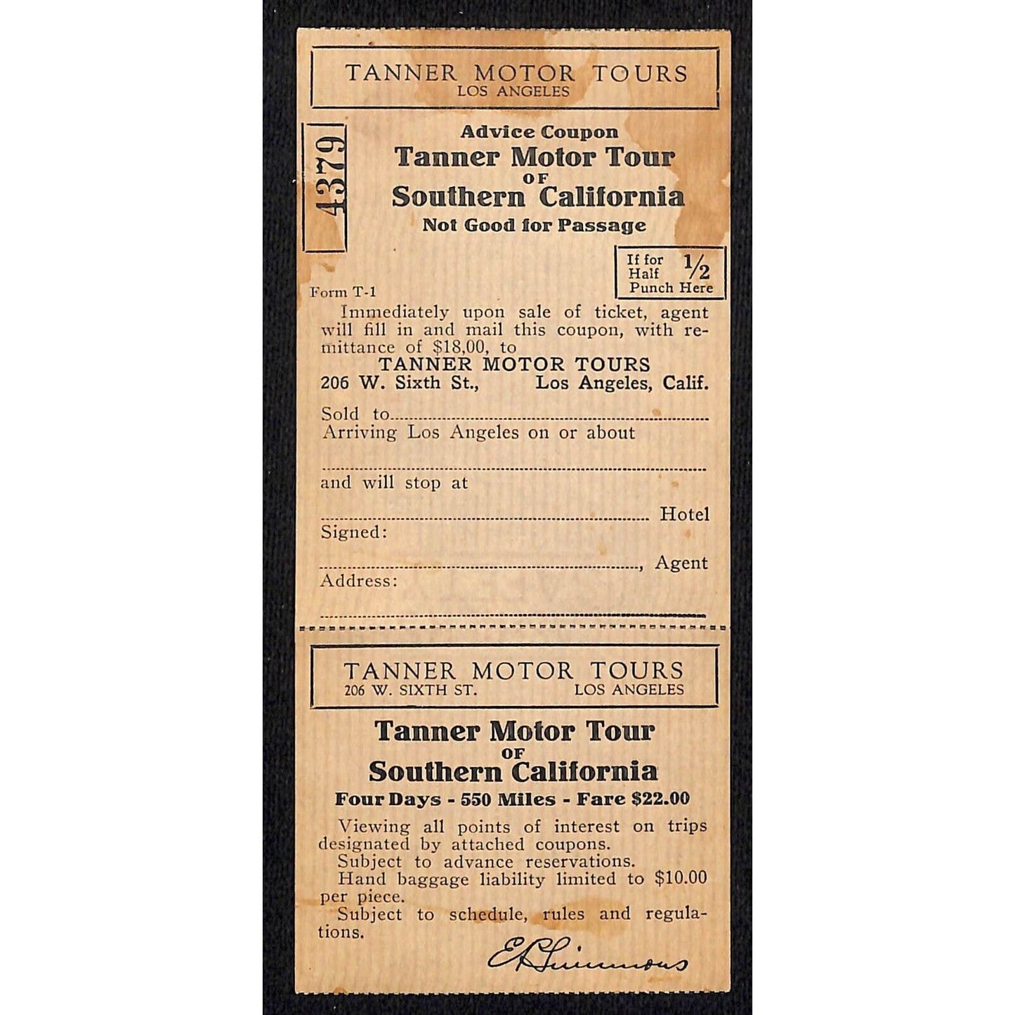 Tanner Motor Tours Southern California Ticket & Stub c1926-40's