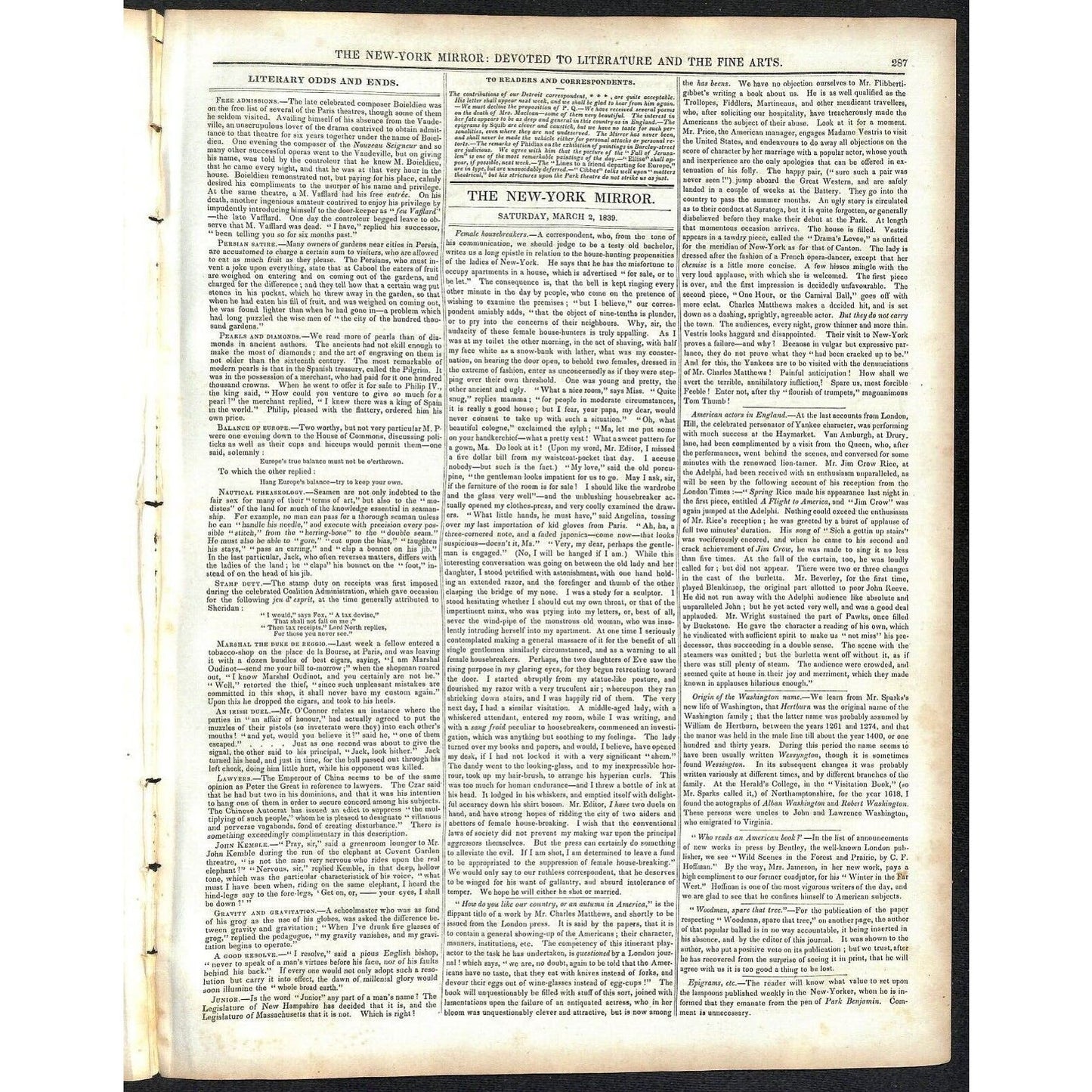New-York Mirror Weekly Journal Literature Fine Arts Newspaper 3/2/1839