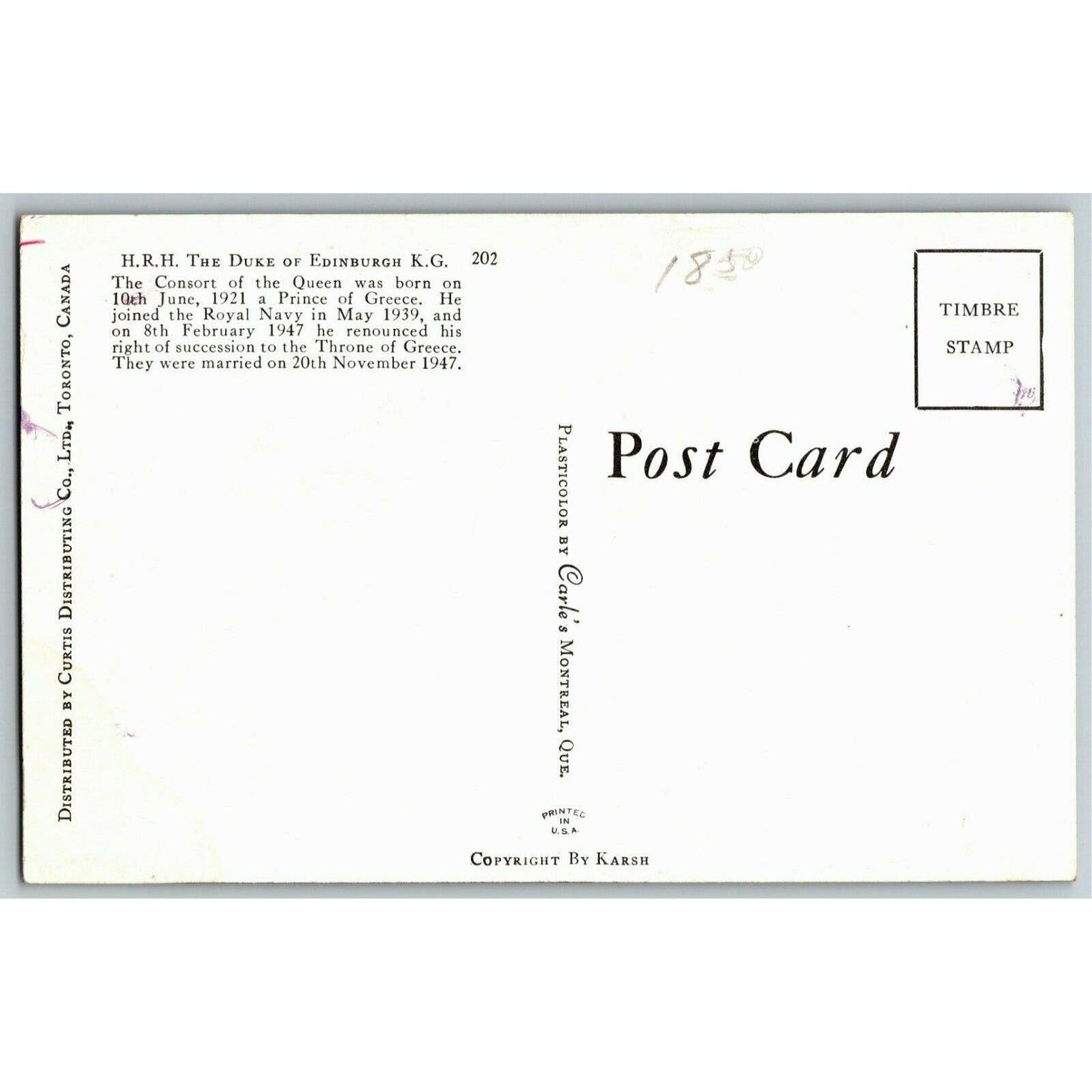 Early 1950's The Duke of Edinburgh K. G. PPC Postcard Unposted