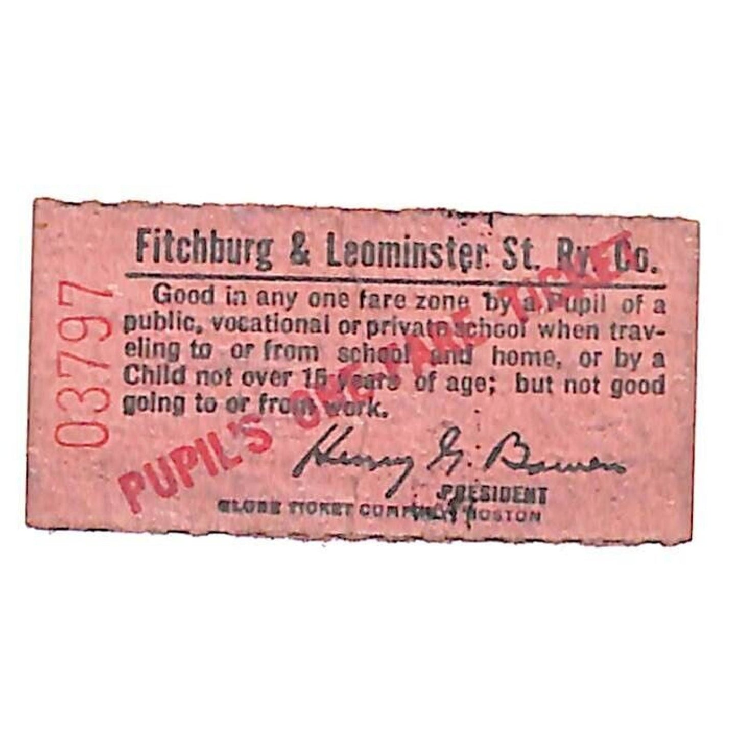 Fitchburg & Leominster Street Railway Railroad Ticket Pupil's #03797 Scarce