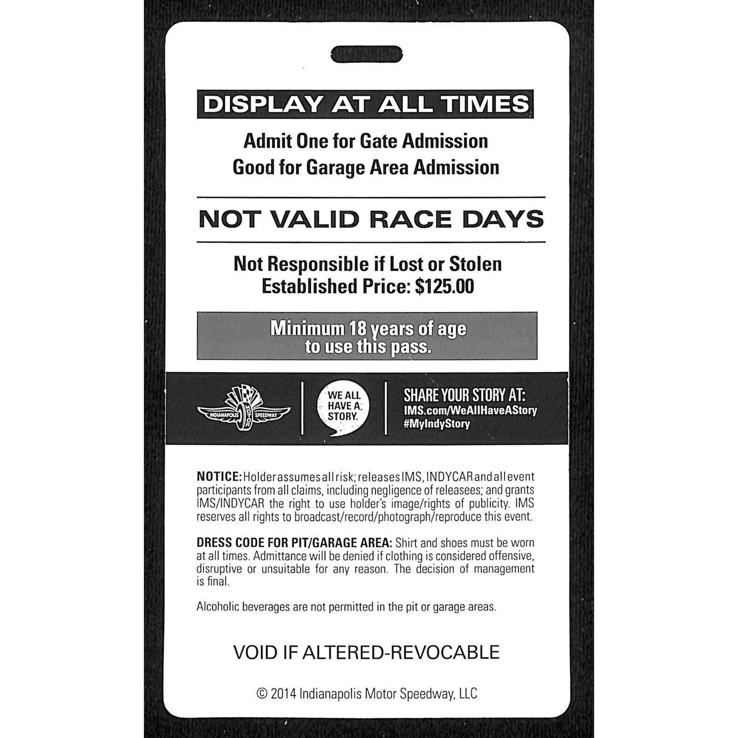 2014 Indy 500 Garage Access Ticket Pass Indianapolis IMS #02726 VGC