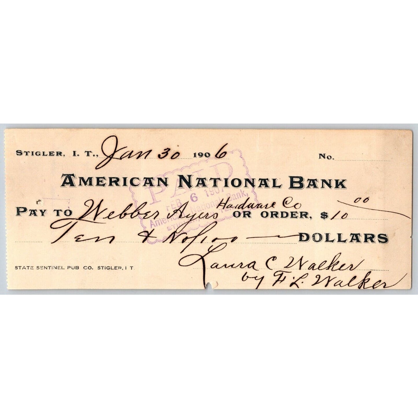 Stigler, Indian Territory Oklahoma 1906 Bank Check Webber - Ayers Hardware Co.