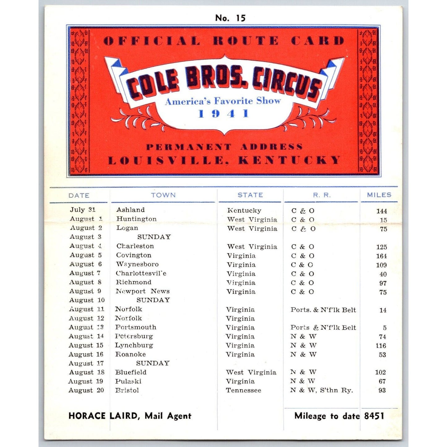 1941 Cole Bros Circus Route Card West Virginia Kentucky Tennessee