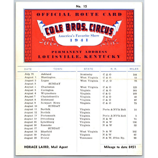 1941 Cole Bros Circus Route Card West Virginia Kentucky Tennessee