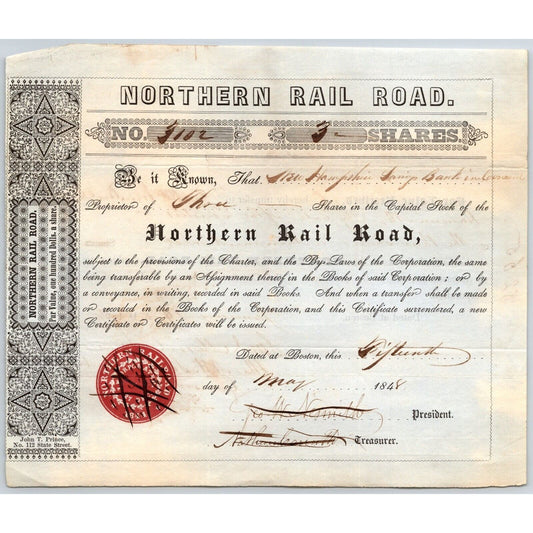 1848 Boston, MA Northern Railroad Stock Certificate No. 7102 ? for 3 Shares