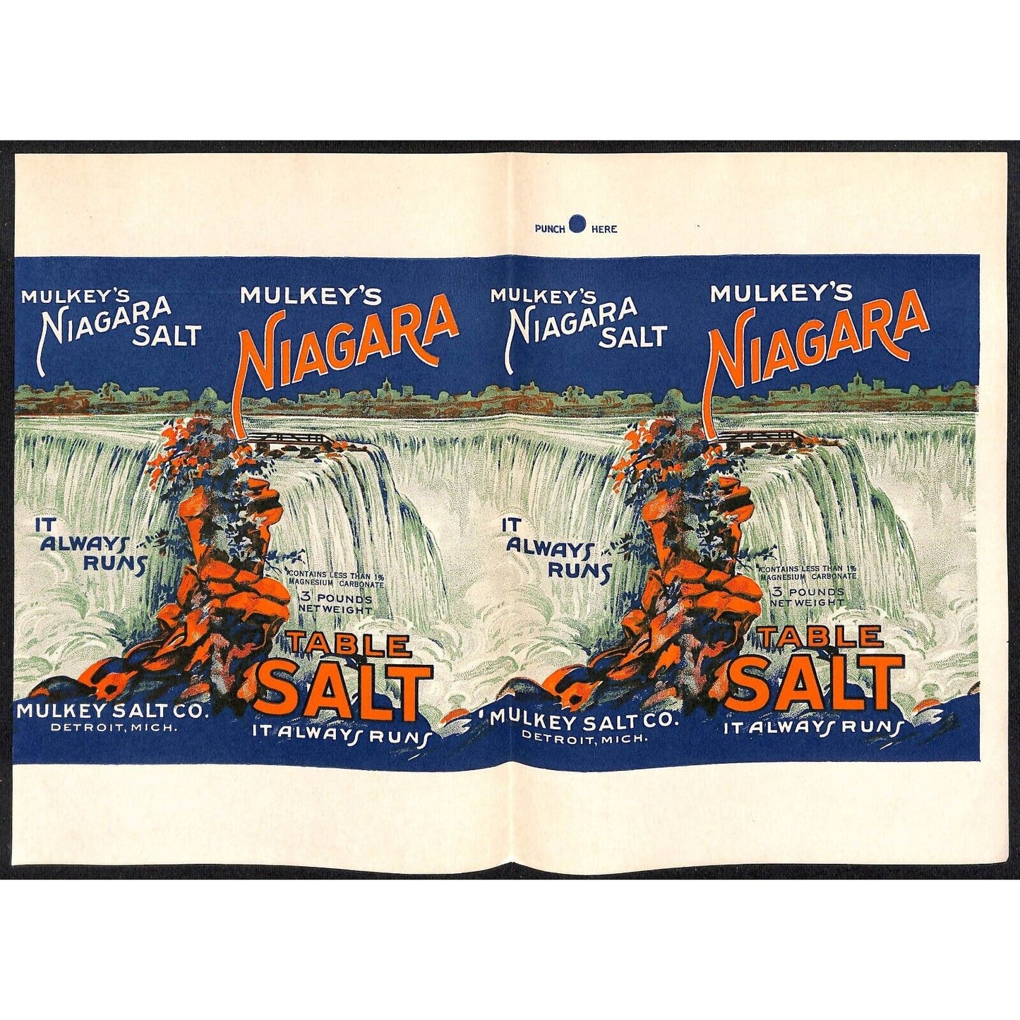 Mulkey's Niagara Falls Table Salt Paper Label c1930's Detroit, MI Scarce