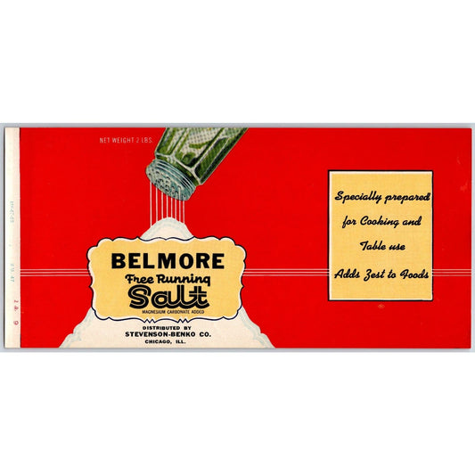 Belmore Free Running Salt Paper Label 1948 Stevenson-Benko Chicago, IL - Scarce