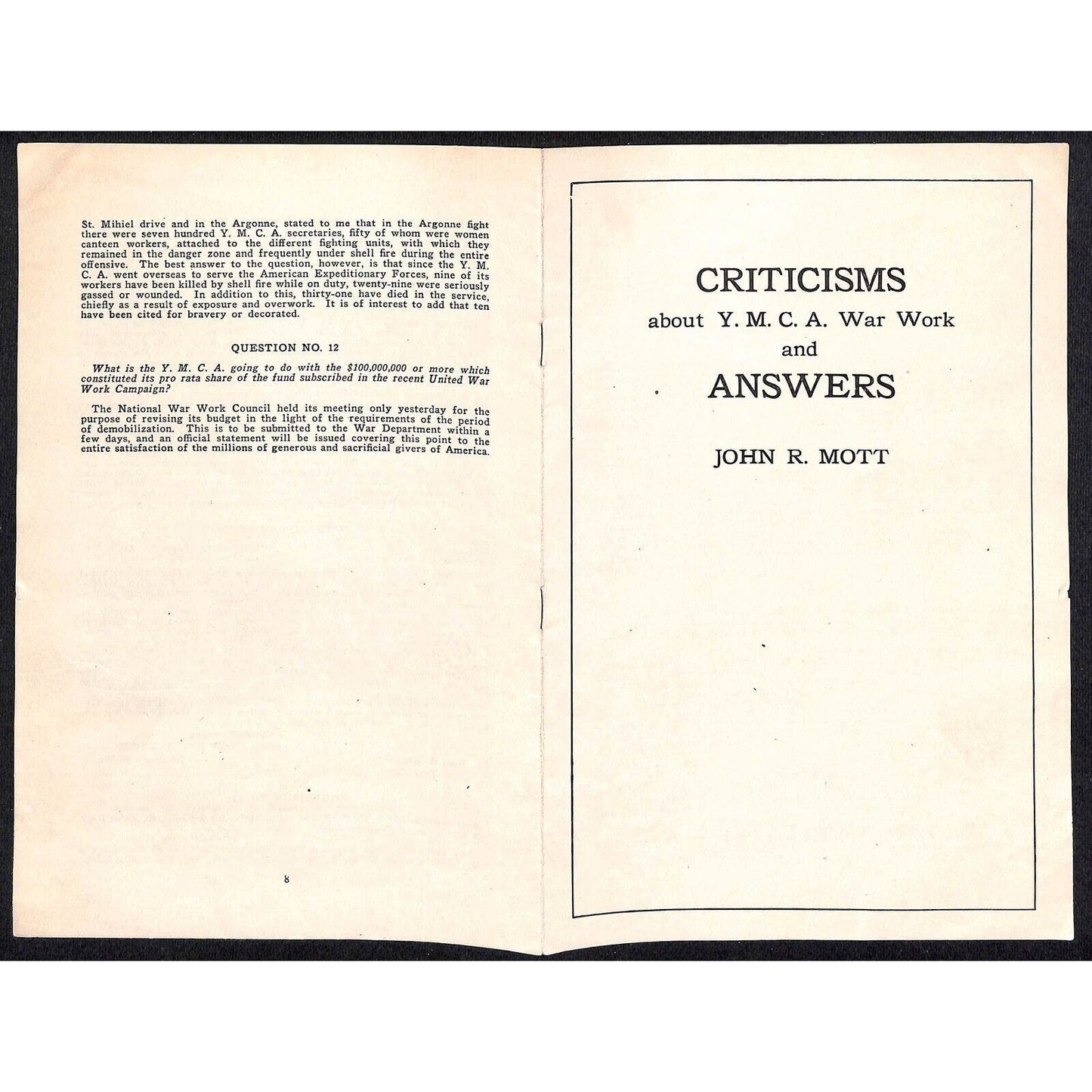 1918 "Criticisms and Answers about YMCA War Work" Pamphlet WWI Scarce 8pp VGC