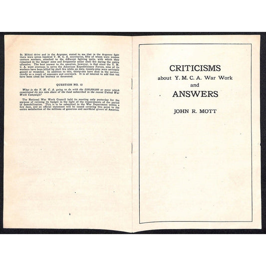 1918 "Criticisms and Answers about YMCA War Work" Pamphlet WWI Scarce 8pp VGC