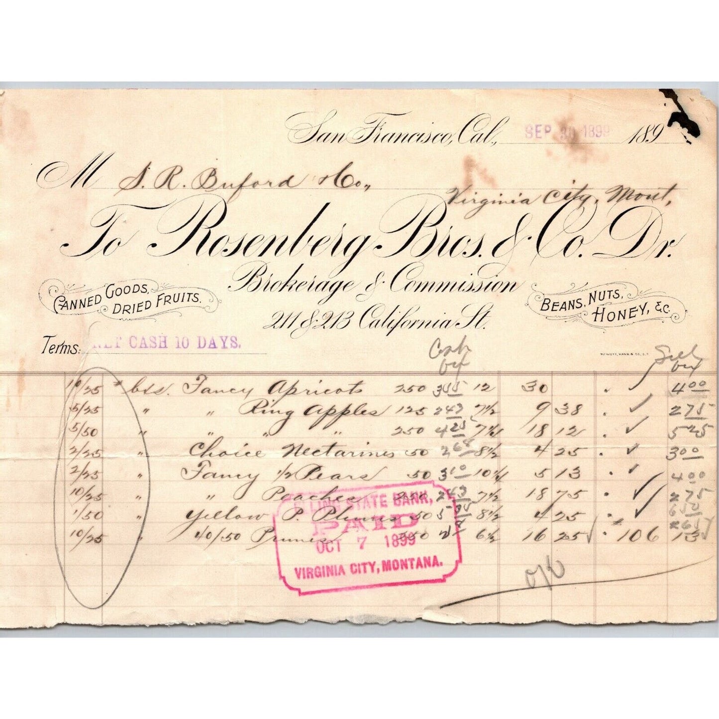 1899 Rosenberg Bros. & Co. Beans Nuts San Francisco Letterhead S.R. Buford MT