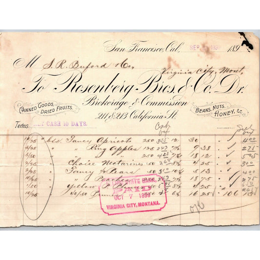 1899 Rosenberg Bros. & Co. Beans Nuts San Francisco Letterhead S.R. Buford MT