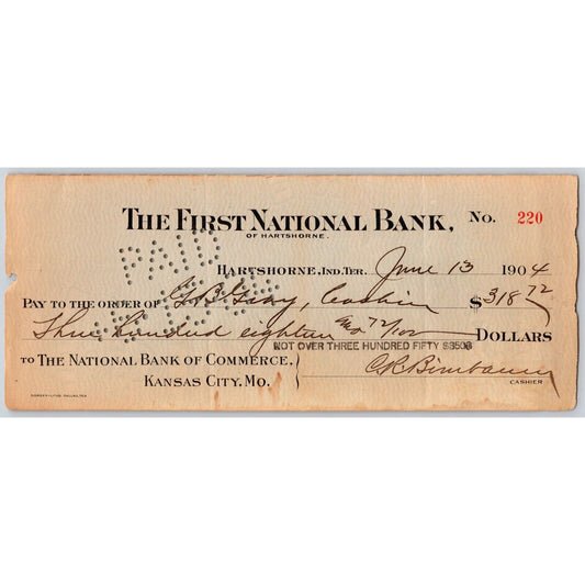 Hartshorne Oklahoma Indian Territory 1904 FNB Bank Check #220 Scarce