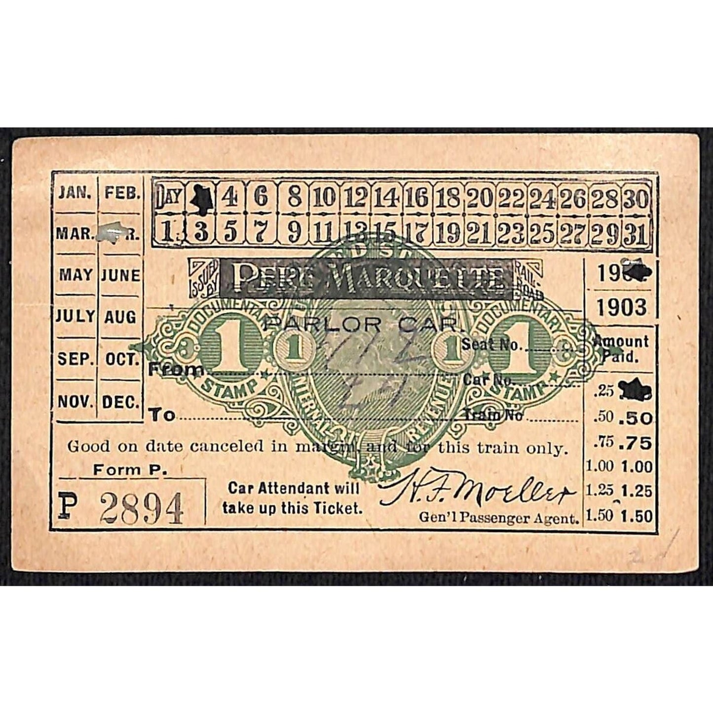 1902 Pere Marquette Railway Ticket Parlor Car w/ RN Revenue Stamp