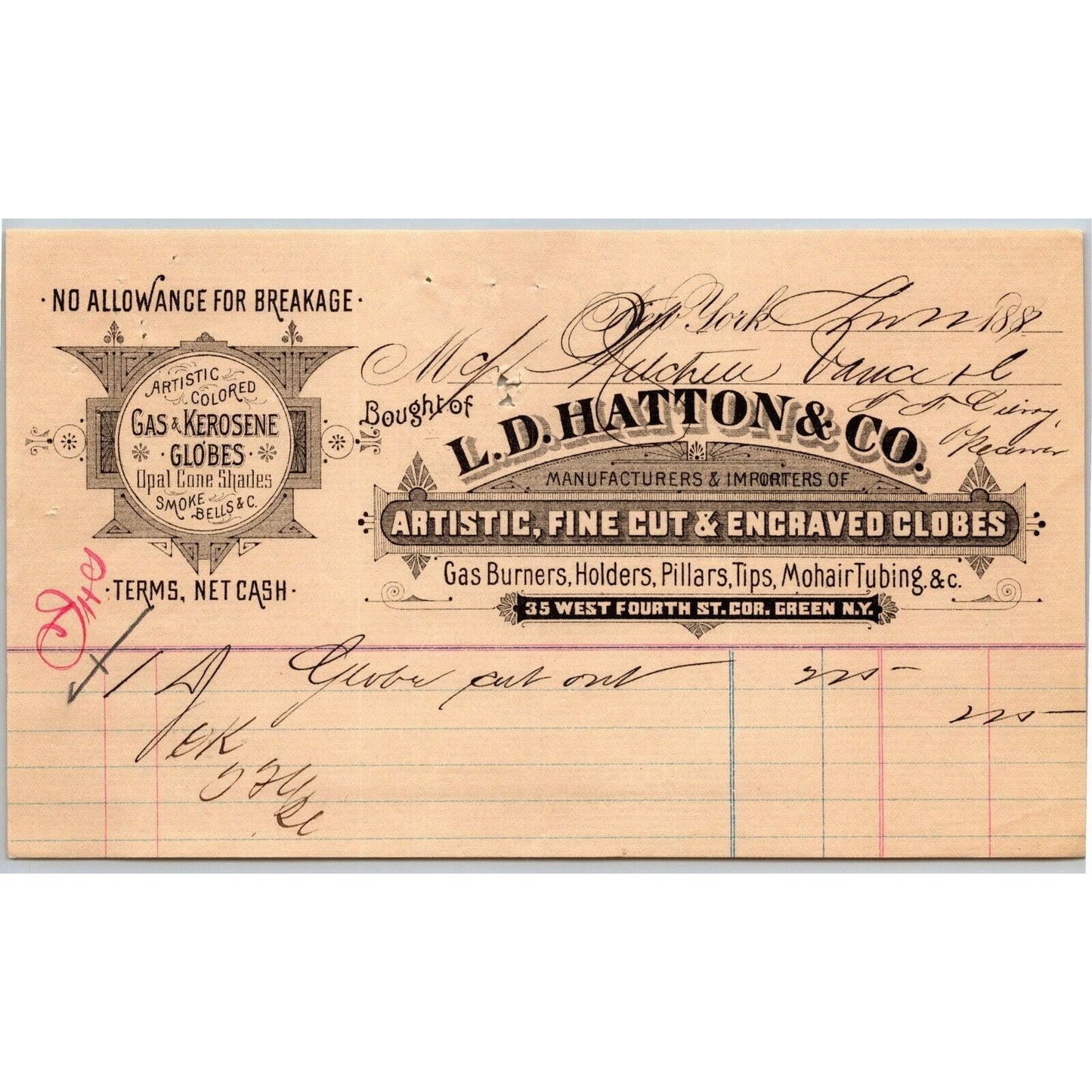 1887 L. D. Hatton & Co. Pillars Tips Mohair Tubing Billhead Letterhead - NYC