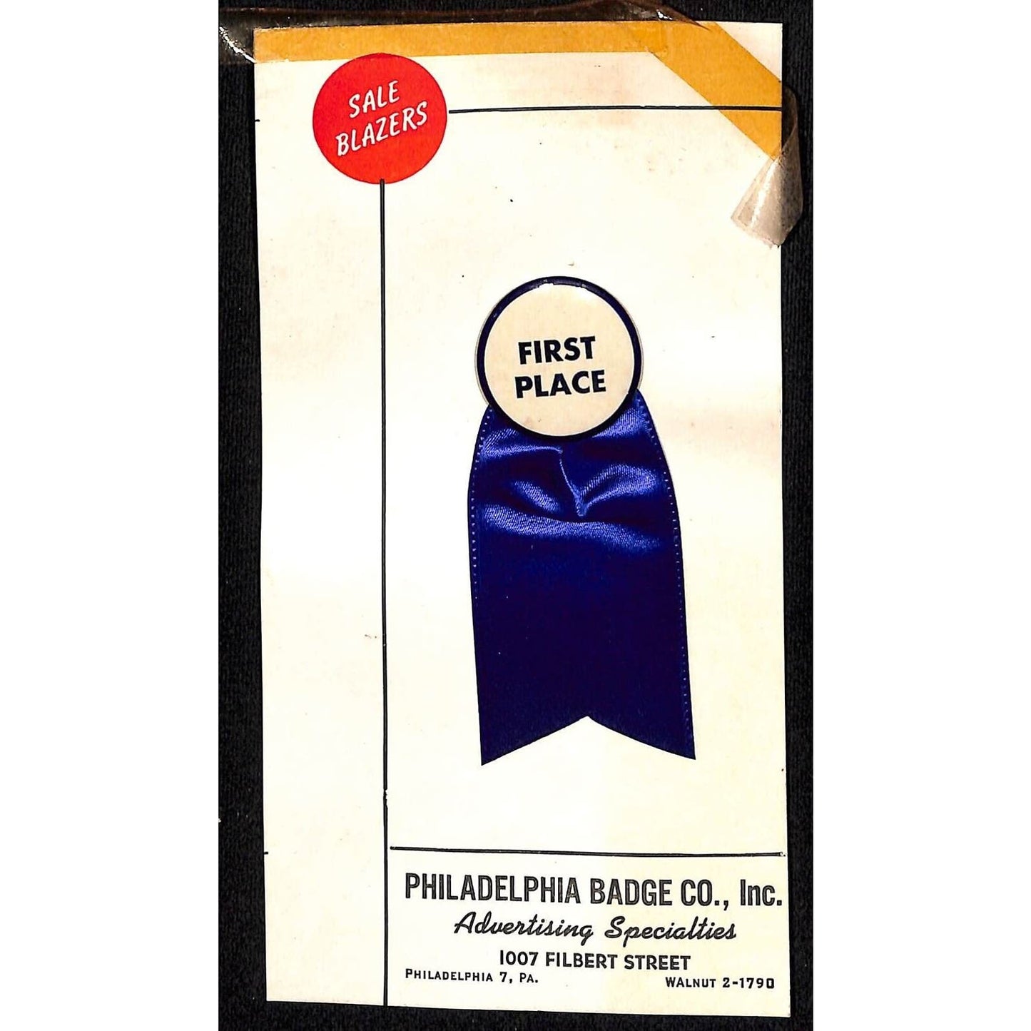 c1954 First Place Pinback on Phila. Badge Co. Catalog Salesman's Sample Card