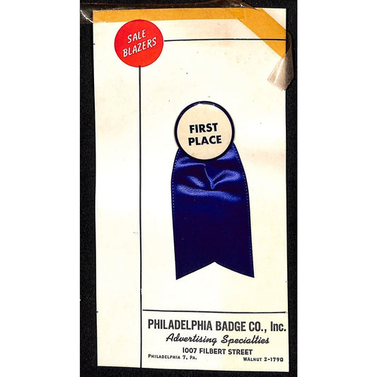 c1954 First Place Pinback on Phila. Badge Co. Catalog Salesman's Sample Card