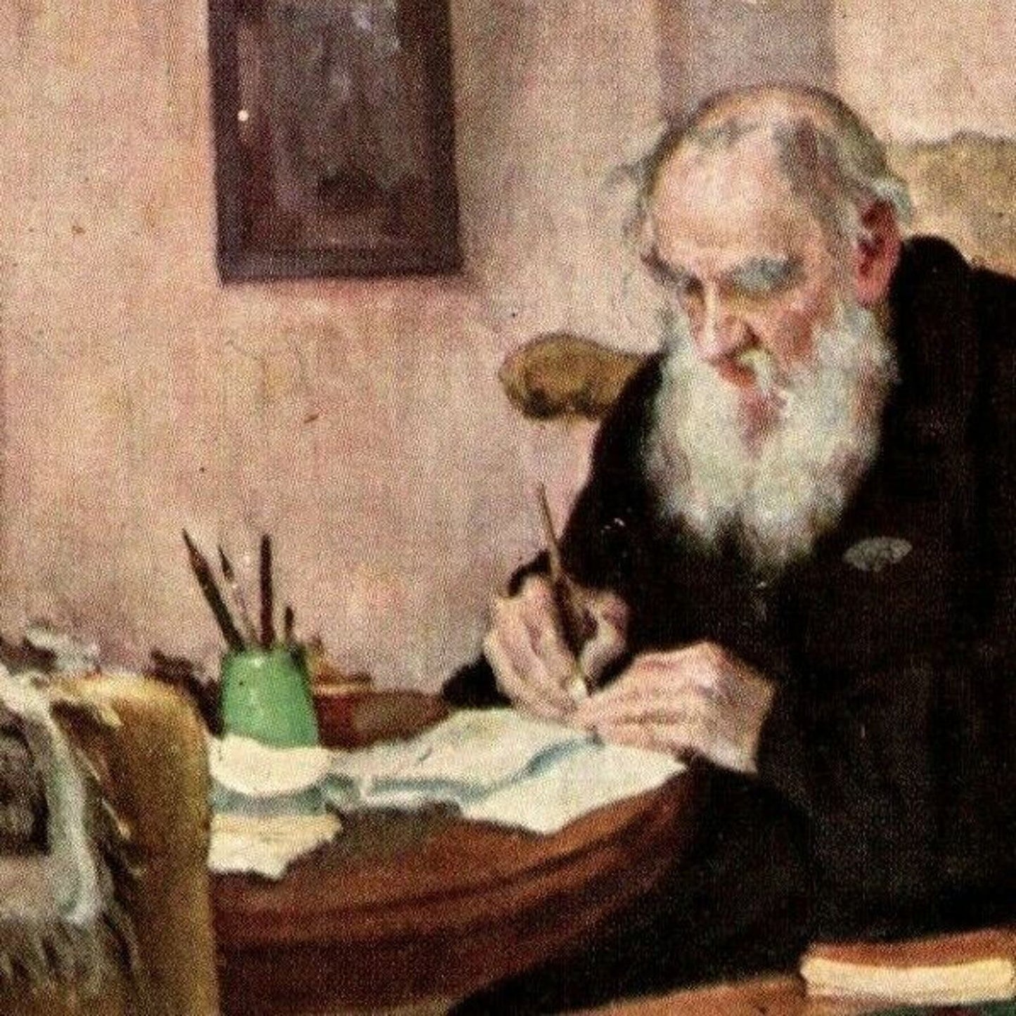 c1911 Vintage Bulgarian / Russian Art Postcard Leo Tolstoy Writing in His Office