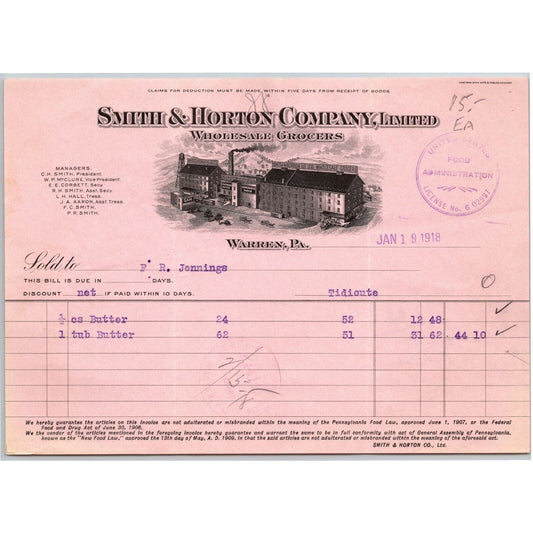 1918 Warren, PA Letterhead Smith & Horton Co Grocers w/ Vignette Butter