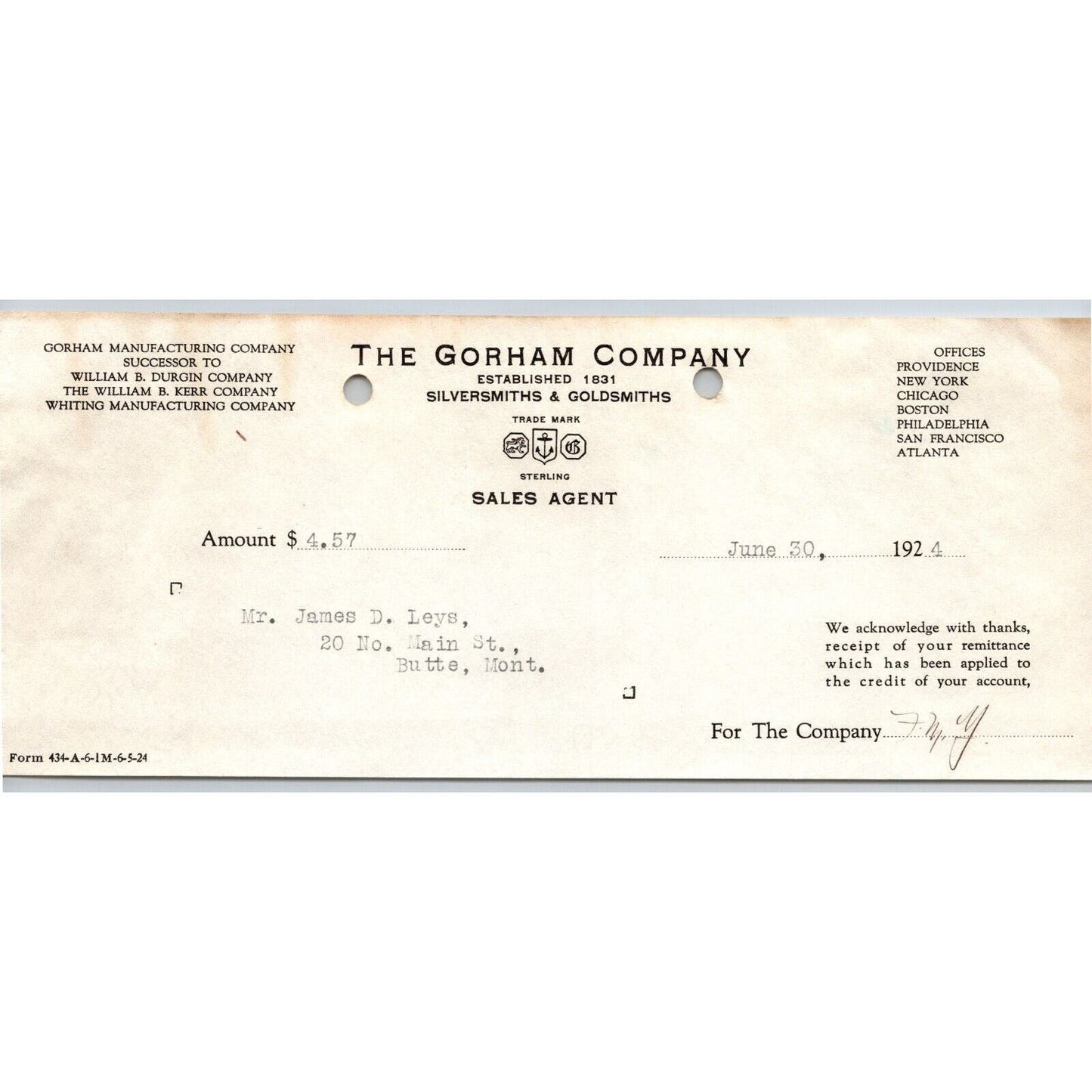 Gorham Company Silversmiths Goldsmiths 1924 "Leys" Billhead - Receipt