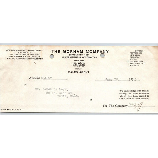 Gorham Company Silversmiths Goldsmiths 1924 "Leys" Billhead - Receipt