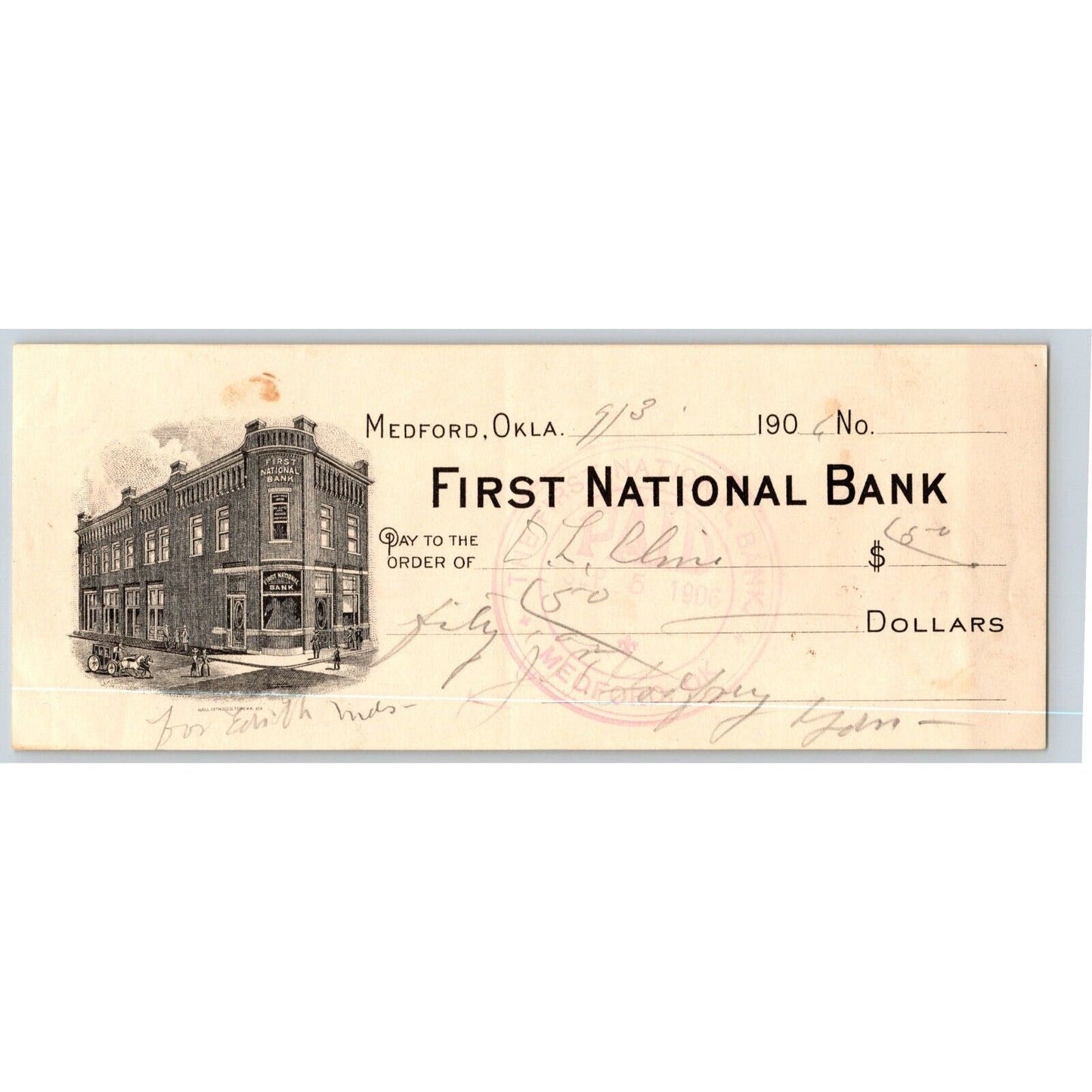 Medford, Oklahoma 1906 Territorial FNB Check w/ Building Vignette Scarce