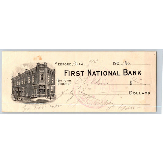 Medford, Oklahoma 1906 Territorial FNB Check w/ Building Vignette Scarce