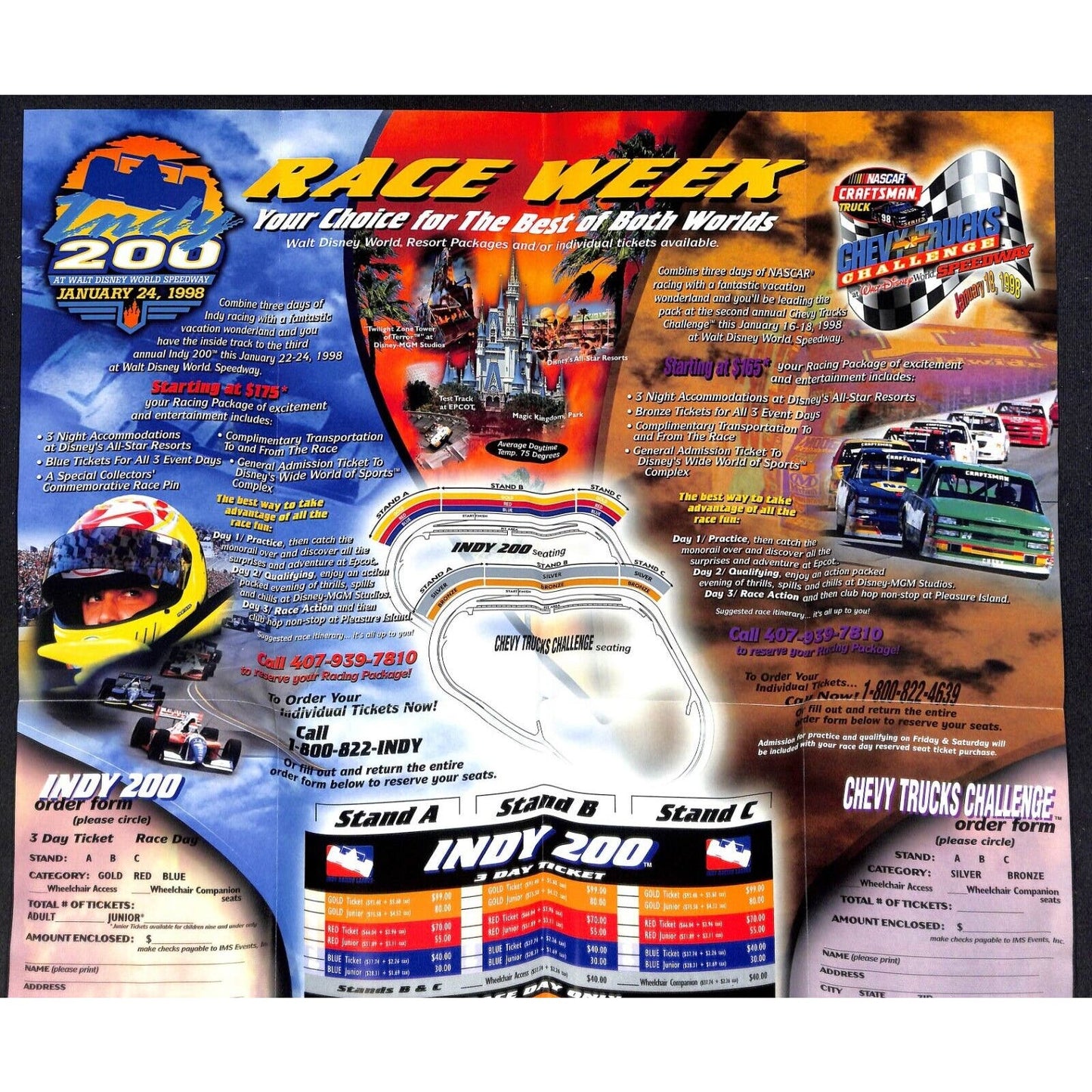 1998 Walt Disney World Speedway Indy 200 Ticket Brochure VGC Scarce 500