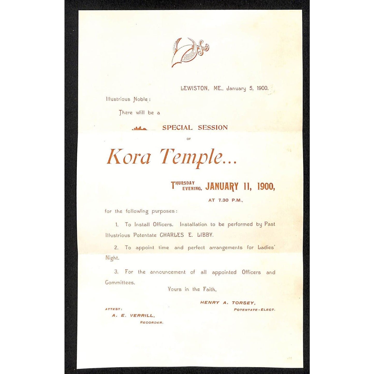 Newburgh, ME Amos W. Knowlton* 1900 Lewiston "Kora Temple" Installation Notice