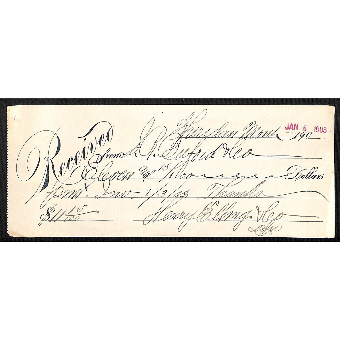 Sheridan Montana S.R. Buford / Henry Elling 1903 Payment Receipt