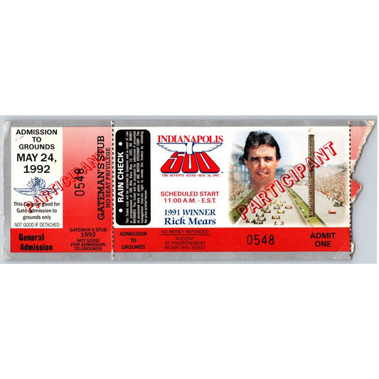 1992 Indy 500 Participant Ticket Stub# 548 - Ron Burton Estate