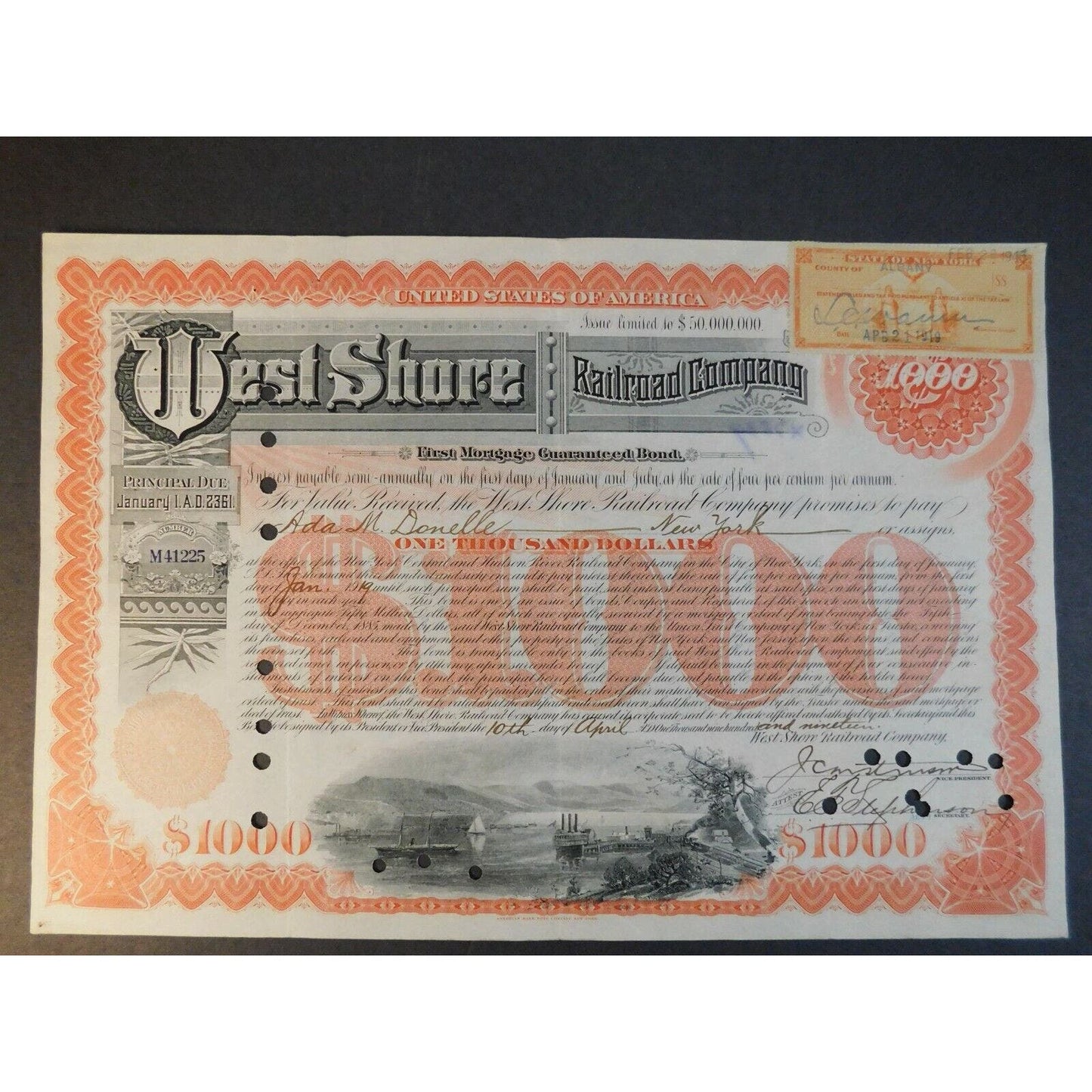 Large 1902 Stock Cert. Bond "West Shore Railroad Co" NYC & Hudson R.R. w/ Albany
