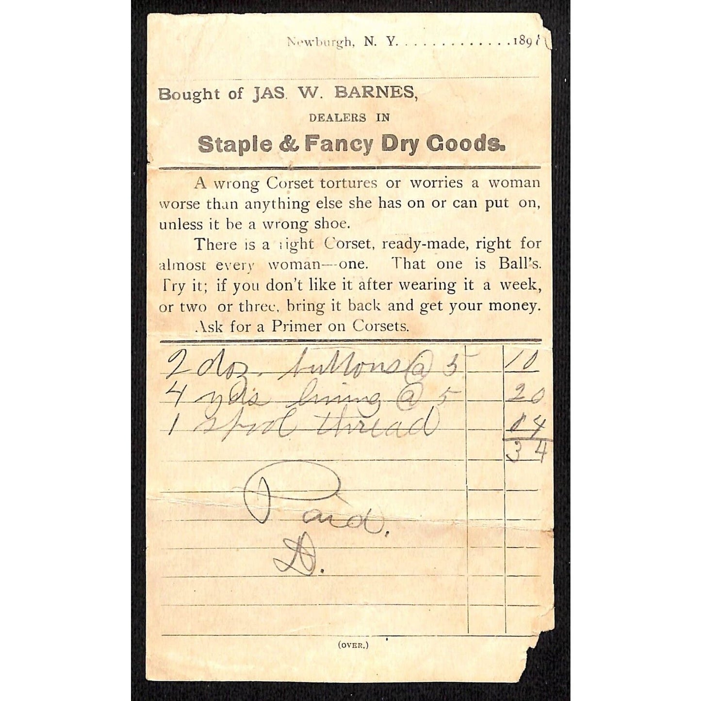 Monticello, Missouri? Jas W. Barnes Dry Goods 1891 Billhead for Buttons & Thread