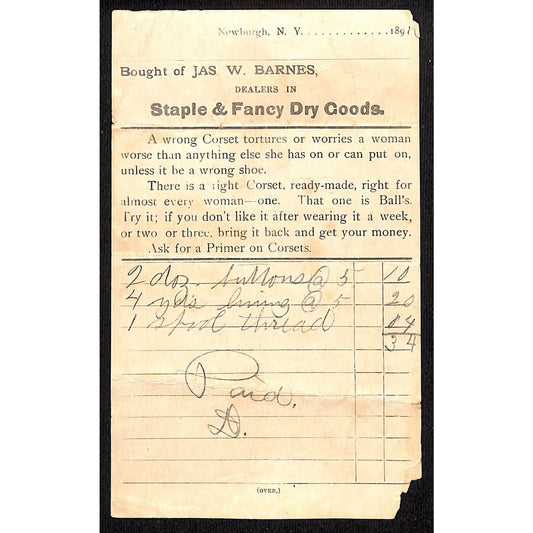 Monticello, Missouri? Jas W. Barnes Dry Goods 1891 Billhead for Buttons & Thread