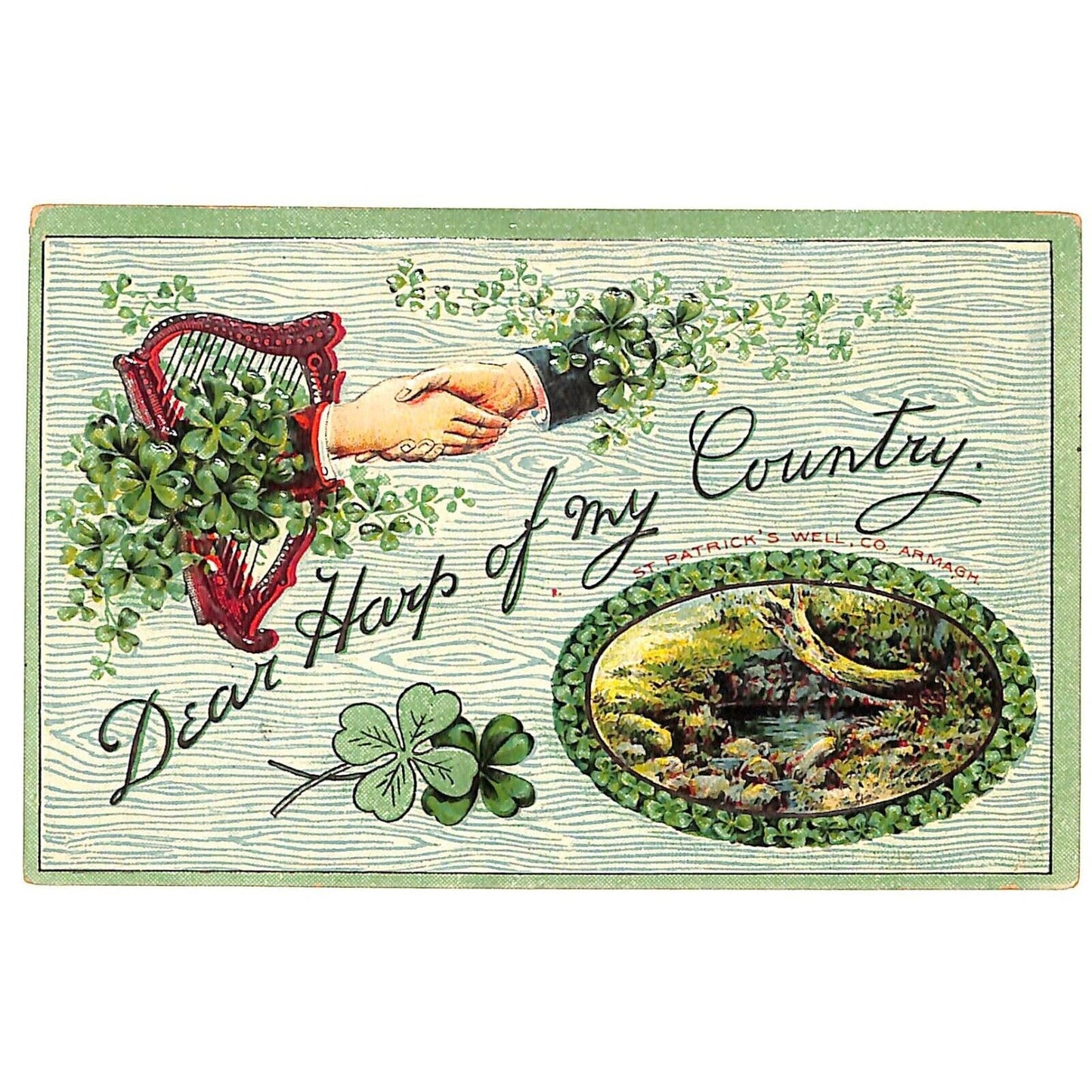 Ireland Postcard "Dear Harp of My Country" Clovers Handshake Emb. NP c1909-15