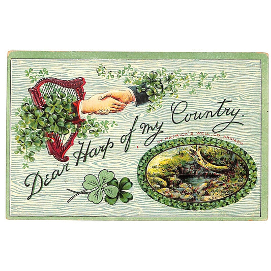 Ireland Postcard "Dear Harp of My Country" Clovers Handshake Emb. NP c1909-15