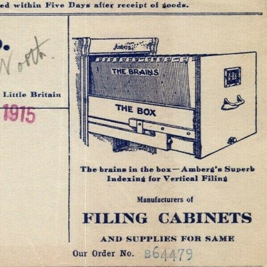 1915 "Amberg File & Index" Filing Cabinets Billhead Letterhead Duane St. NYC