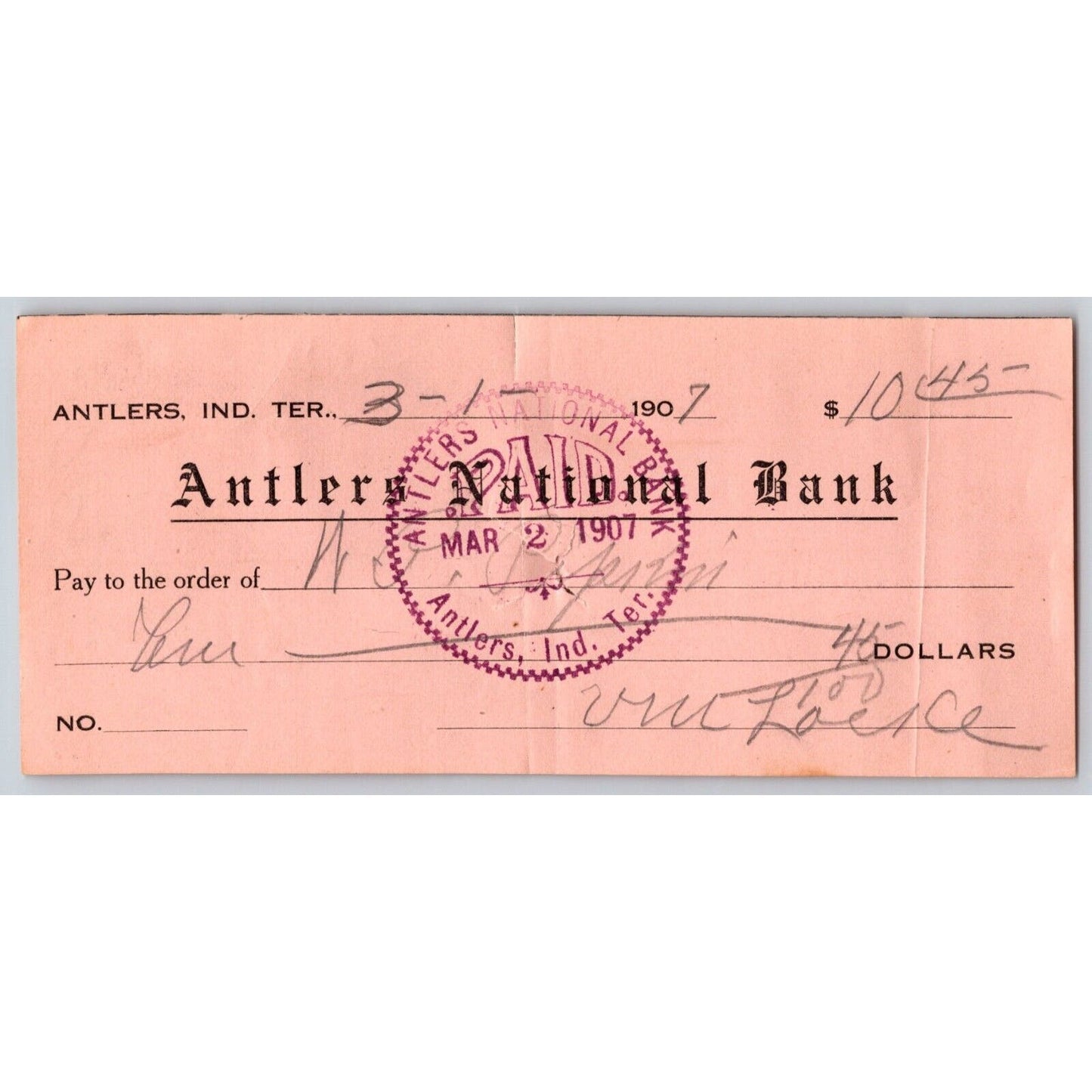 Antlers, OK 1907 Indian Territory Bank Check w/ Bold Stamp- Scarce