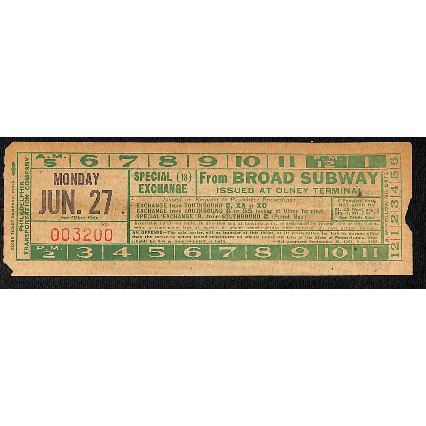 Vintage c1940's-50's Ticket - Philadelphia Transit Co. Olney Terminal #3200