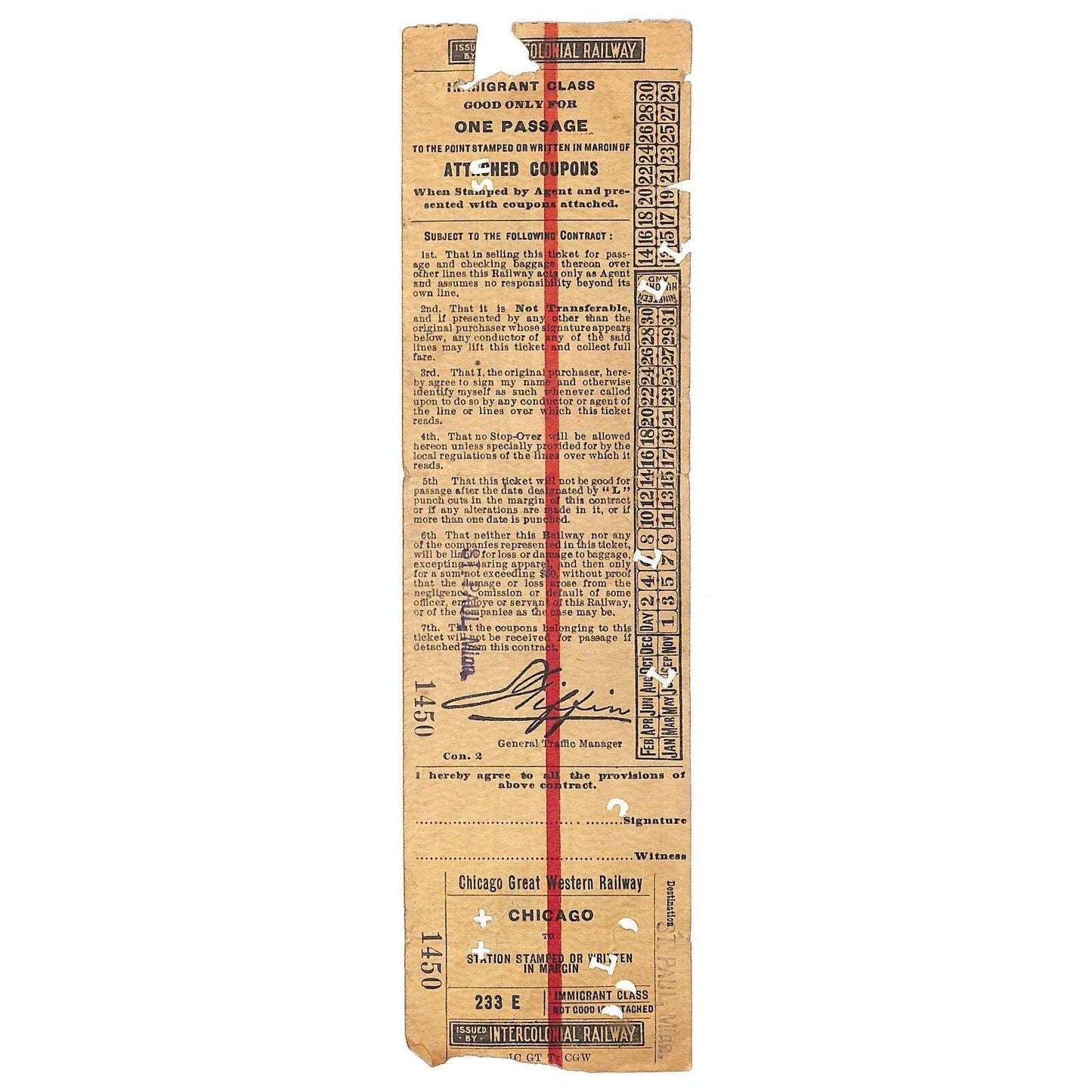 Intercolonial Railroad "Immigrant Class" Ticket 1913 via CGW "Chicago to" Scarce