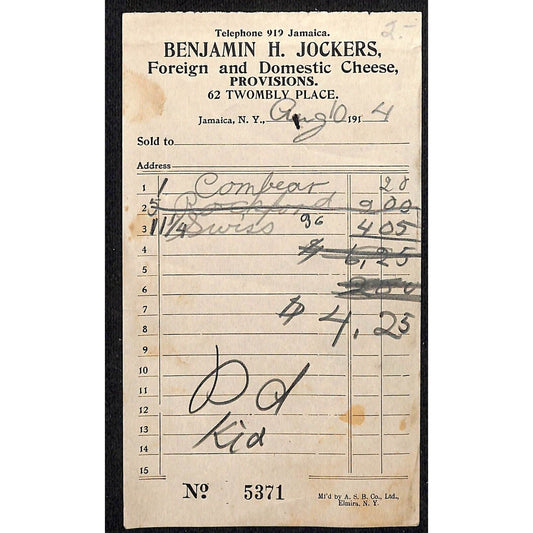 Jamaica, NY Benjamin H. Jockers Cheeses Billhead 1914 Twombly Place